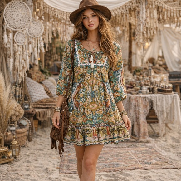 Cleobella Magdalena Mini Dress Las Palmas Sz Medium Paisley Boho Balloon Sleeve - Picture 2 of 11